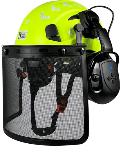 SAFEBUILDER Forestry Chainsaw Tree Work Safety Helmet Vented Hard Hats w/Visor Bluetooth Ear Muffs Face Shield Outdoor Hardhats Vented ANSI Z89.1 (Green Hat+ICV+BTE+MH)