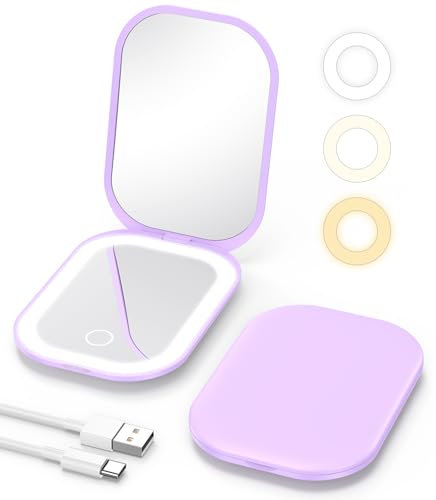 Gospire Lighted Compact Mirror with Light and Magnification 1X/3X, Stepless Dimming and Three-Color Adjustable Lights, Rechargeable Battery and Compact Size for Purse and Travel -Purple