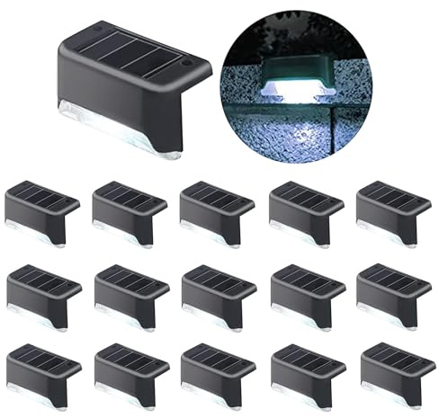 jindaaudio Luces Solares Impermeables para Escaleras 16pack Lámpara Solar LED Frío Blanco para Escalones Caminos Balizas, iluminación LED Luz para Escaleras Cubierta Exteriores