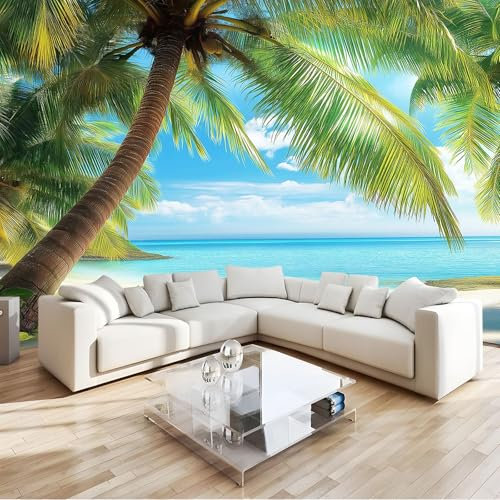 Photo Papier Peint 250 x 175 cm Intissé Murale Vert Panoramique Poster Papier Peint Paysage Naturel Plage Eau De Mer Palmiers Photo Murale Décorative Tenture Murale pour Appartement Décoration Salon