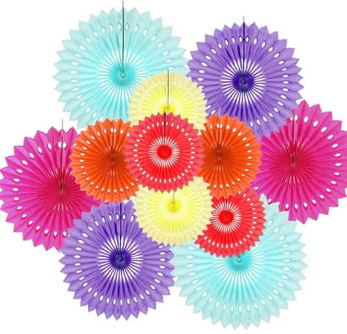 12 PCS DIY Hanging Ceiling Paper Fans - Colorful Round Decor for Birthday, Wedding, Engagement Party