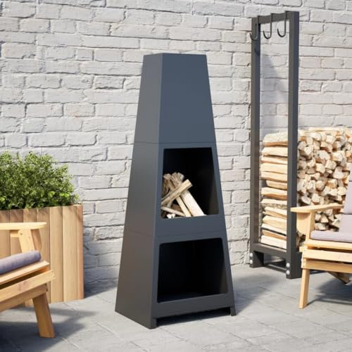 Sufrk Caminetto da Esterno Design Torre Deposito Tronchi Nero Acciaio,Camino da Giardino ​​Premium con caminetto Rilassante - Camino da Patio - Caminetto da Esterno con vano Legna interrata