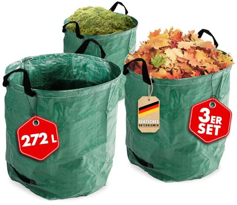 Floordirekt Gartenabfallsack 272 Liter - 3er SET - Laubsammler, Korb, Gartensack, Laubsack, stabiler und selbststehender Müllsack mit 4 Griffen für den Garten, Abfallsack, Rasensammler