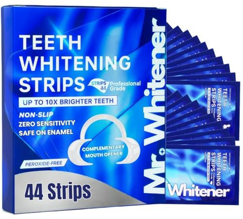 Mr.Whitener Strisce sbiancanti per denti professionali, kit sbiancante per denti: 44 strisce, 22 confezioni di strisce sbiancanti per denti, approvate dai dentisti, senza perossido, senza smalto,