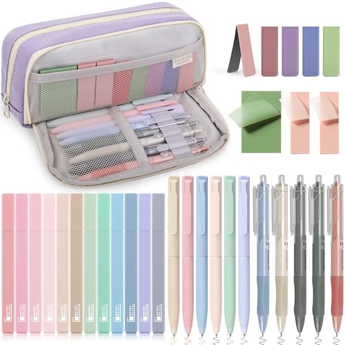 COZCLAM 32pcs Schulsachen Aesthetic mit Lila Mäppchen, 12 Textmarker Pastell, 5 Schwarze Gelstifte, 6 Farbstifte, 5 Lesezeichen und Haftnotizen, Aesthetic School Stuff Clean Girl Schule Zubehör