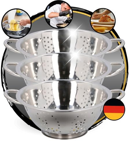 TronicXL Lot de 3 passoires de cuisine en acier inoxydable - Passoire à pâtes - Passoire avec poignée et support - Passoire sur pied - Bol à égouttoir