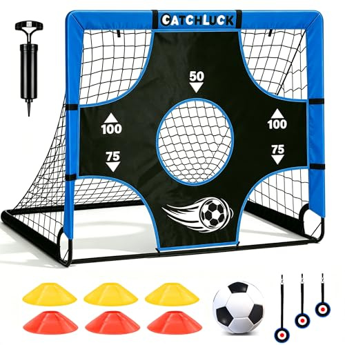 CATCHLUCK Fussballtore für Kinder Garten Pop Up Fussballtor Kinder Fußball Tore Outdoor mit Zielbereichen, DREI Ziele, Fußball, 6 Hindernisse und Tragetasche