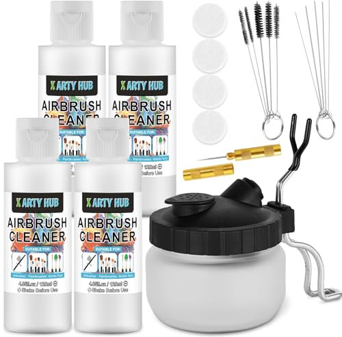 X ARTY HUB Airbrush Reinigungsset, 4 * 120 mL Airbrush Reiniger und Airbrush Reinigungstopf, Leistungsstarke Reinigung von Wasser- und Acrylpigmenten, für Airbrushes & Andere Künstlerische Werkzeuge