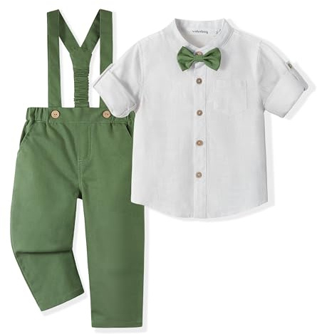 Volunboy Completo Elegante Bambino, Lino Ragazzo Henley Camicie Fiocco e Bretelle Pantaloni 4 Pezzi Cerimonia Nozze Abbigliamento(Verde,18-24 mesi,Taglia 90)