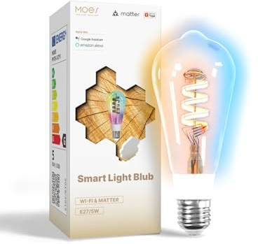 MOES Matter Smart Alexa Glühbirne E27 Vintage, WLAN RGB LED Lampe, Dimmbar, 5W, 2700K-6500K Warmweiss & Kaltweiß, Edison Birne,16 Mio. Farben, Kompatibel mit Apple Home,Alexa,Google Home
