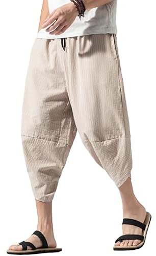 Herr Harem Capri Byxor Sommar Breda Ben Randiga Linne Byxor Elastisk midja Dragsko Vandring Strand Casual
