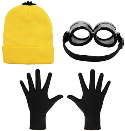 PUERFOCA 3 Piezas Accesorios de Disfraces Halloween, Accesorios de Cosplay con Gafas Steampunk Gorro Amarillo Guantes Negros, Disfraz Accesorios Hombre Mujer para Fiesta de Halloween Carnaval Navidad