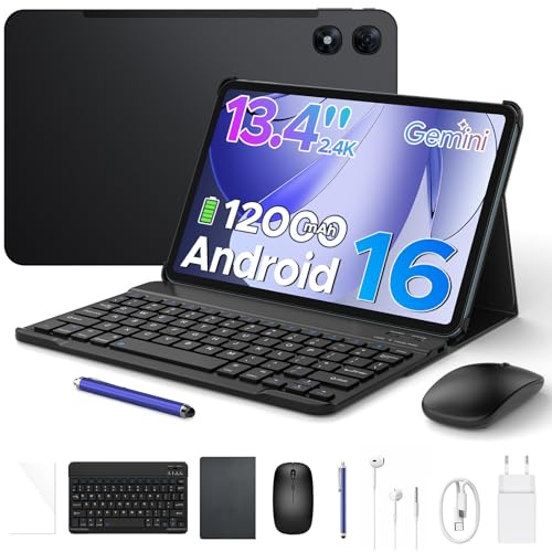 Luzglo P13 Pro Tablet 13.4 Pulgadas 120Hz Android 16, 48GB RAM + 256GB(TF 2TB) Tablet con Teclado y Lapiz, T7280 Octa-Core, 12000mAh/18W, 16MP+8MP, Gemini AI, Widevine L1, Face ID, Dual SIM 4G, Negro
