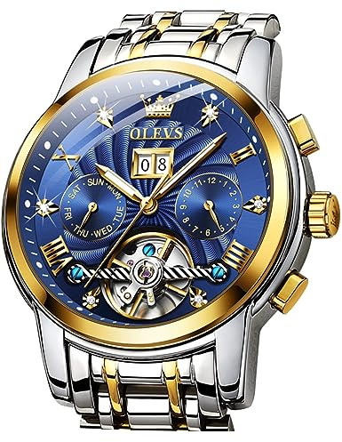 OLEVS Goldene automatische mechanische Herrenuhr Edelstahl-Lünette leuchtende wasserdichte Luxusuhren, Blaues Zifferblatt, Mechanisch, selbstaufziehend