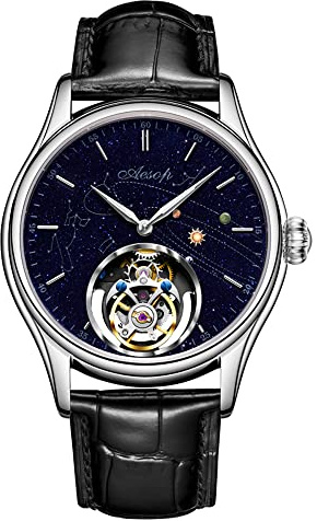 AESOP Tourbillon Mechanical Men Watches Skeleton Tourbillon Movement Hand Wind Analog Wristwatches Blue Sandstone Starry Sky Dial Sapphire Business Luxury Watch with Leather Strap 7049 (Silver-L)