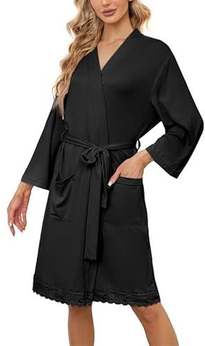 LYCY Bademantel Damen leicht kurz Morgenmantel weich Spitze Hausmantel Loungewear 3/4 Ärmel (Schwarz, L)