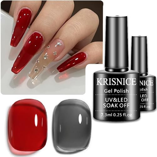 KRISNICE Vernis Semi Permanent Vernis à Ongles Gel Gelée Cristal Transparente Ongles en écaille de Tortue Rouge Gris Couleur Shellac Cadeau UV LED Art Kit (Rouge-CS2-014)