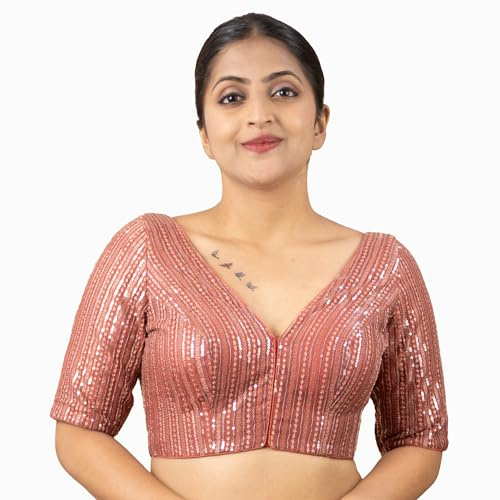 FIGURE'S DESIGNER Women's Sequin Embroidered Net V Neck Elbow Half Sleeve Readymade Saree Blouse Ethnic Designer Stitched Plus Size Top Padded E1 (Onion Pink, 44)