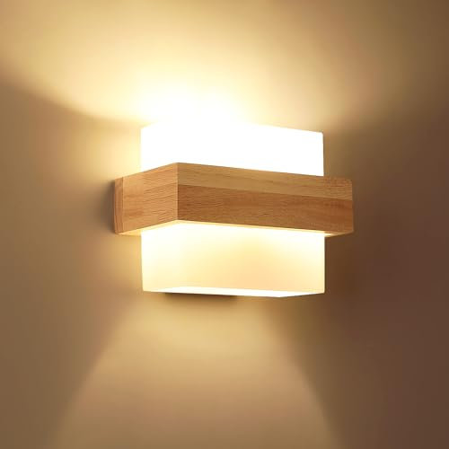 Toolight Wandleuchte Innen Holz, Moderne Wandlampe Innen Inkl E27-Glühbirne, Kreativität E27 Wandleuchte Holz mit Glas Lampenschirm für Treppe Wohnzimmer Schlafzimmer Flur