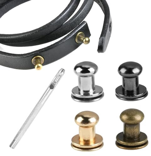 80 Nieten für Leder, Knopf, 6 mm, Druckknopf, Metall, mit Locher aus Leder, Nieten zum Schrauben zur Befestigung und Reparatur von Ledertaschen, Kleidung, Gürtel, Schuhe (Silber, Gold, Schwarz,
