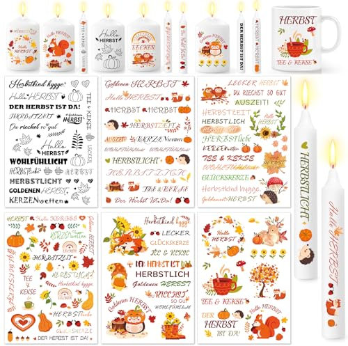 DPKOW Herbstdeko, 6 Blatt Herbst Kerzen Tattoo Folie, DIY Wasserschiebefolie Herbst Dekoration Kerzen Herbst Kerzenfolie Autumn Herbst Kerzentattoos Herbst Kerzen Aufkleber, Herbst Basteln für Kinder