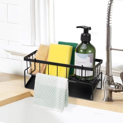 LUXECOVE Support d'évier de cuisine, organisateur en acier inoxydable, vidange automatique, avec porte-serviettes, porte-éponge