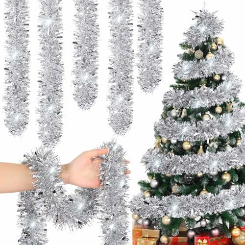 XIKTTK Guirlande Argenté Noel Sapin, Guirlandes Tinsel Noël 5 x 2M, Decoration Noel Guirlande Sapin, Guirlande Tinsel Métallique Scintillantes pour Anniversaire Murs Fenêtres Decoration Noël