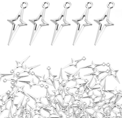 120 Pcs Silver Star Pendant Charms for DIY Jewelry Making - Mini Hollow Four-Pointed Pendants Connectors