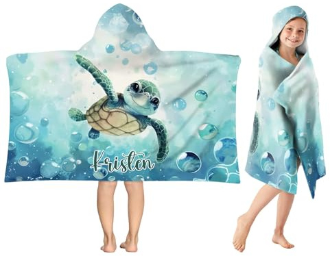 Jodimitty Personalised Hooded Beach Towel 76x127cm Microfibre Poncho Towel with Concealed Button, Custom Name, Lightweight Quick Dry Bath Towel, Customised Gift (Turtle)