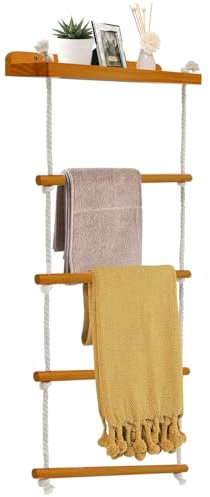 YTACREA Porte Serviette en Noix 5 Niveaux, 2-en-1 Porte Torchon Cuisine Murale, Échelle Porte Couvertures, Echelle Decorative Bois pour Serviette de Bain, Vêtements ou Journaux, Echelle Salle de Bain
