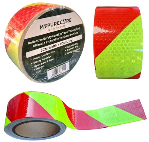 MYPURECORE Reflective Safety Tape Red and Yellow – 5cm x 10m Waterproof Hazard Marking Tape with Strong Adhesive – High Visibility - Indoor Outdoor Use - Roads, Parking Areas, Warehouses, Machinery