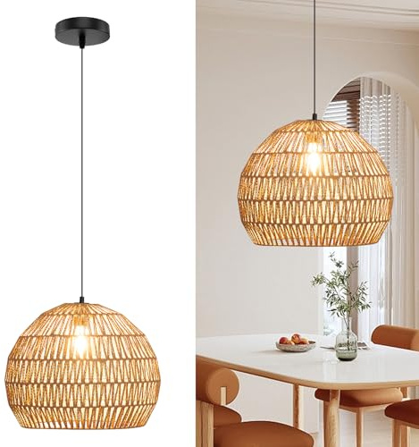 COSTWAY geflochtene Pendelleuchte, Boho Deckenleuchte mit verstellbarer Aufhänghöhe, Bauernhaus Hängelampe mit E27-Basis (Lichtquelle nicht enthalten) für Küche, Schlafzimmer, 43 x 34 cm (kaffee)