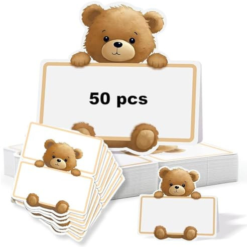 DLPRK 50 Pezzi Segnaposto Babyparty - Cartoncini con Adorabile Motivo Orsetto - Nametag da Personalizzare - Decorazioni per Tavola per Battesimo, Baby Shower, Compleanno Bambini e Feste