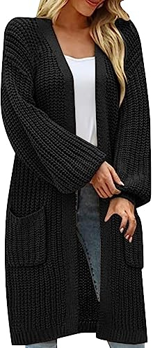 Pull Cardigan Tricoté pour Femme Gilet Grosse Maille Femme Cardigan Manches Lanternes Vague Mesh Manteau Pull Élégant Streetwear avec Poches Gilet Conforts Veste Le Travail Loisirs Hiver Top