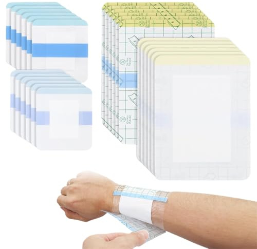 DULZEN 24 Unidades Apositos Adhesivos Aposito Impermeable Transpirable Parches Cicatrizantes PU, Incluye Disco de Algodón Absorbente, Ideal para La Protección de Heridas (6x7cm,9x13cm)