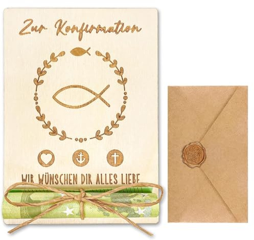 Luxorium Regalo Original de Confirmación Tarjeta de Dinero de Madera Personalizada para Niños y Niñas 12.5 x 9 cm