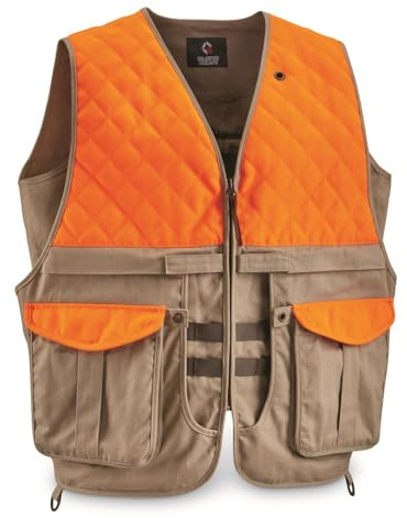 Guide Gear Men's Upland Vest for Bird Hunting, Orange with Back Game Pouch Khaki/Blaze 2XL