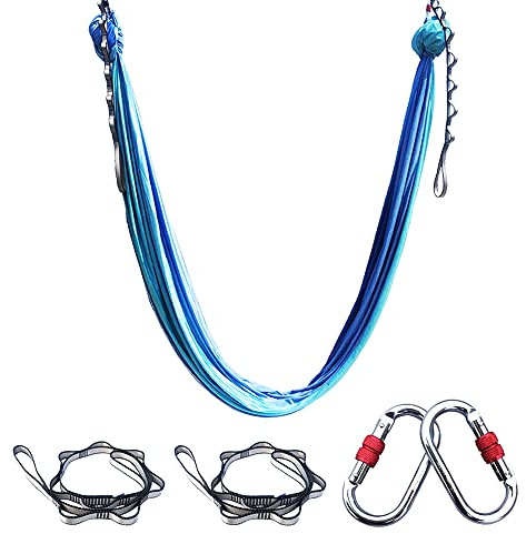 FOSER Hamac de yoga aérien avec chaînes en forme de marguerites mousquetons pour yoga à gravité inversée avec manuel d'instructions (français non garanti), 5 m x 2,8 m (bleu dégradé)