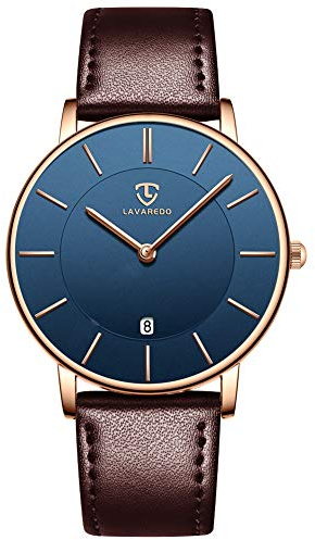 Watch, Mens Watch, Minimalist Fashion Simple Wrist Watch Analog Date with Leather Strap Brown Blue