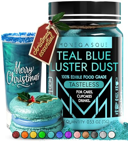 MONÉGASQUE Teal Blue Edible Glitter for Drinks & Cakes, Lustre Dust, 15g | Teal Blue Edible Lustre Dust for Halloween Cocktails, Cakes & Party Drinks - Kosher, Halal, Vegan, Tasteless