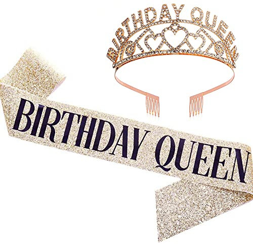 DENUOTOP Damen Geburtstagskrone Schärpe Geburtstag Kristall Tiara Krone Frauen Party Accessoires Dekorations Set für Geburtstag Mädchen Erwachsene Kinder (Gold)