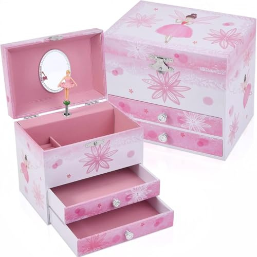 TAOPU Boîte à bijoux musicale féérique pour filles avec 2 tiroirs, boîte à musique avec ballerine rotative, cadeau pour petites filles de 3 à 12 ans
