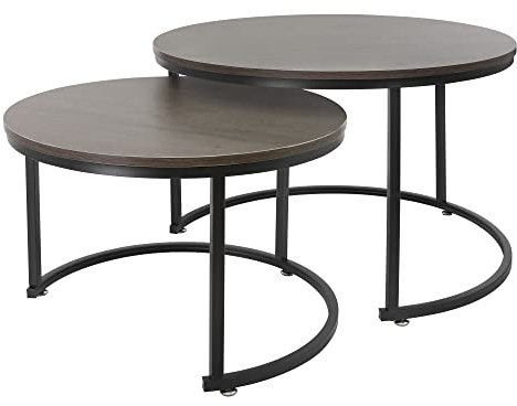 ML-Design Couchtisch 2er Set rund Ø59x40cm/Ø74x48cm, Eiche-dunkel MDF-Platte, Schwarze Metallrahmen, Beistelltisch-Set, Satztische in 2 Größen, 2 teilig Wohnzimmertische, Sofatische Kaffeetische Set