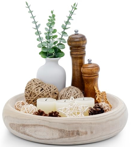 SAMGUYUE Wooden Decorative Bowls, 13 Inch Round Paulownia Wood Centerpiece Bowls for Home Decor, Natural Fruit Bowl for Coffee Table, Key Tray for Entryway Moss Holder (Wooden)