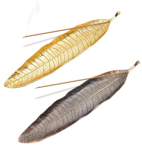 SWYSGS 2 Pezzi Porta Incenso, 28 cm Bruciatore Incenso in Metallo Porta Incenso per Bastoncini a Forma di Foglia, Brucia Incenso per Decorazioni la Casa(Oro/colore bronzo)