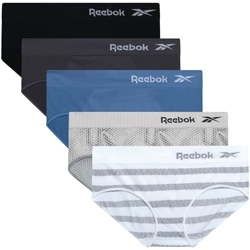 Reebok Hipster Panties for Women - 5 Pack Stretch Performance Seamless Underwear with Relaxed Tagless Waist (S-XL), Size X-Large, Jacquard/Blue/Blackened Pearl/Black/White Stripe