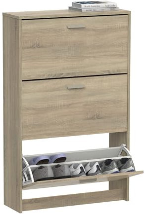 MUEBLES PITARCH | Zapatero Recibidor Mueble Auxiliar Estrecho 3 Puertas para Entrada Roble Cambrian, 18 Pares de Zapatos, 82x74x25cm, Colección Tibet