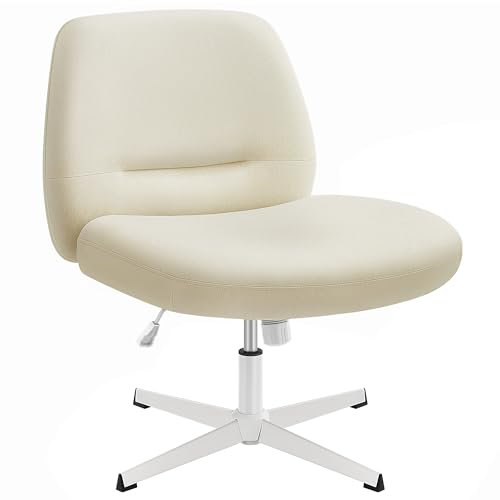 SONGMICS HOME Cross Legged Desk Chair, Armless, No Wheels, Wide Seat, Adjustable Height, Swivel, Cotton-Linen Fabric, Cream White OBG046W02