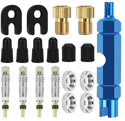 19 Stück Französisch Presta Ventilkernset, Fahrrad Presta Ventil mit Ventilkappen, Französisches Ventil Adapter, Ventil Schlüssel, Ventilschutzkappen Fahrradzubehör für Fahrräder und Mountainbikes