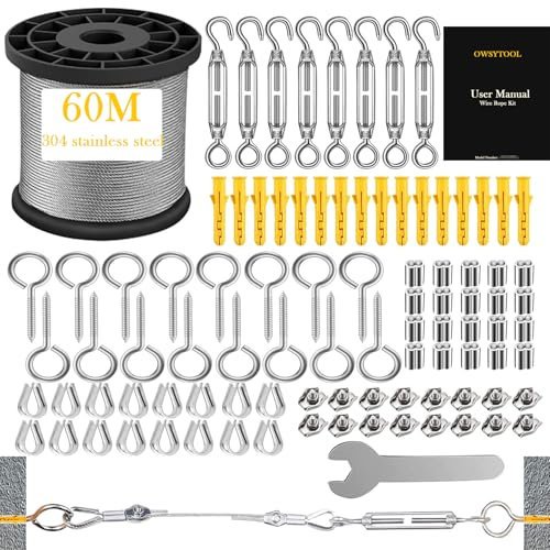 OWSYTOOL Drahtseil 2mm 60M, 304 Stahlseil mit 8pcs Spannschloss, Vinyl beschichtet String Lichter hängenden Draht für Outdoor-Camping, Spalier, Garten, Wäscheleine, Vorhang, Festival (60M 2mm)